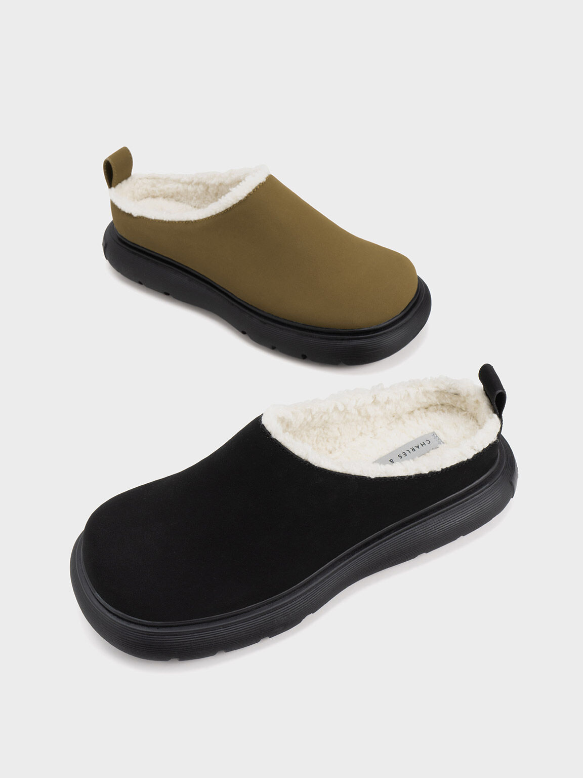 Fur-Trim Round-Toe Platform Mules, Black, hi-res