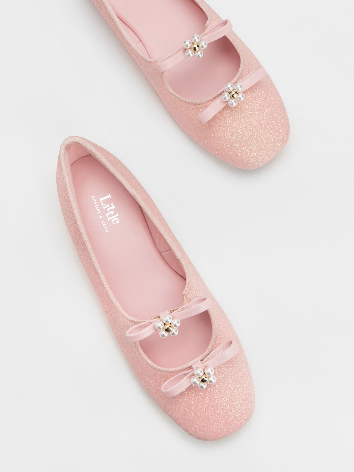 Girls Floral Beaded Glittered Ballerinas Light Pink