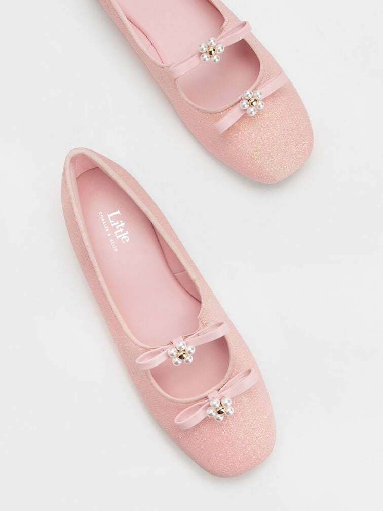 兒童珍珠小花平底鞋, 淺粉色, hi-res