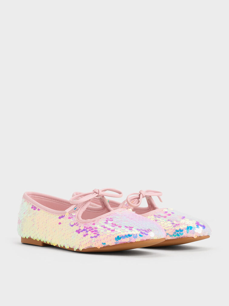 Girls' Sequin Two-Tone Bow Ballet Flats, Pink, hi-res