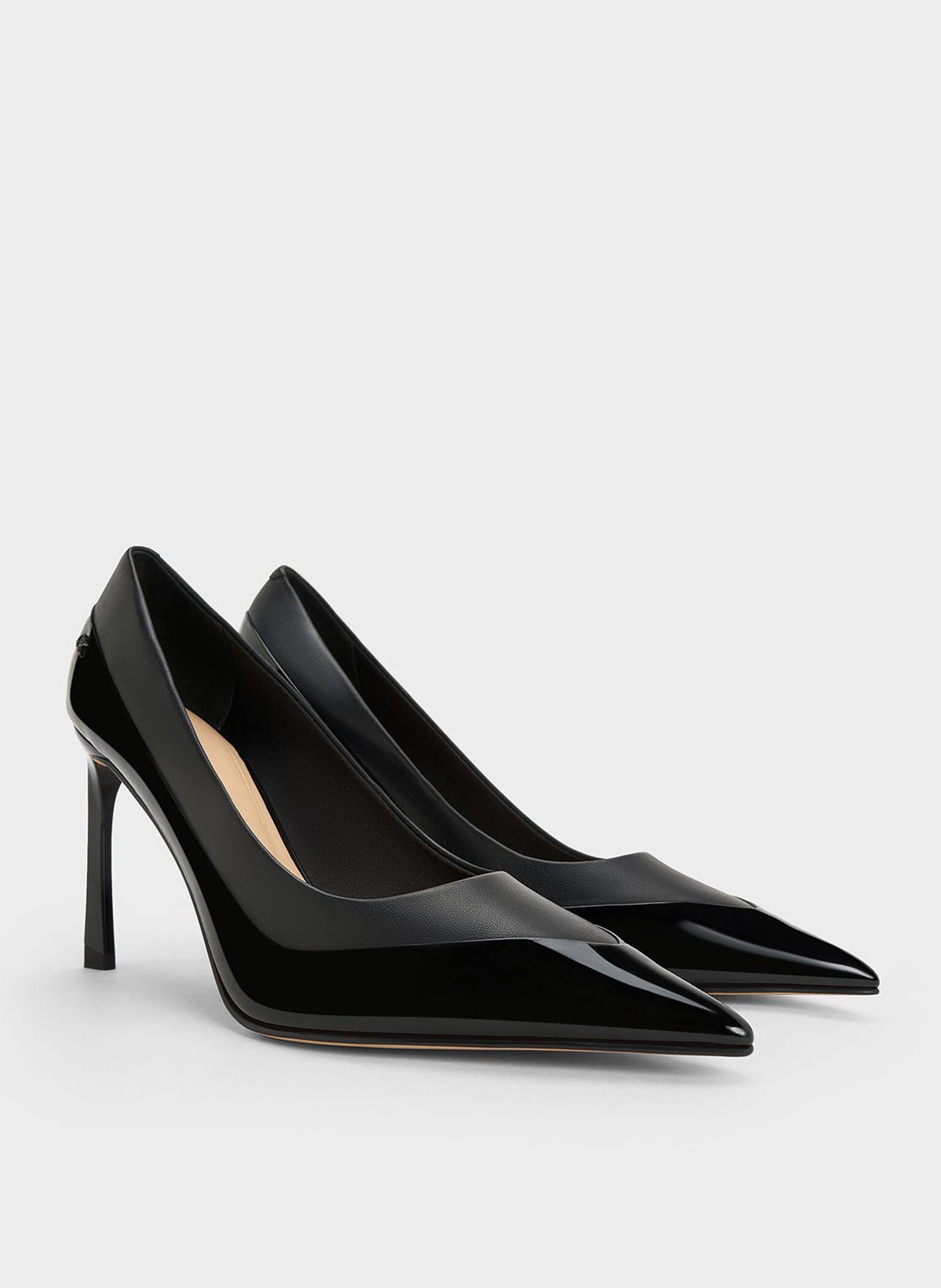 Leather & Patent Pointed-Toe Pumps, Black, hi-res