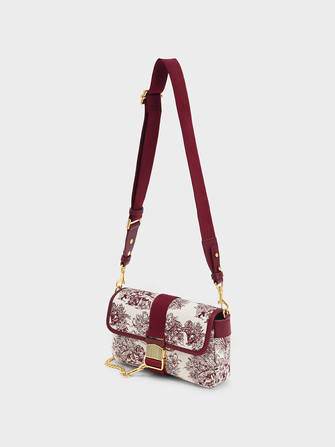 Tiger Calligraphy Chain-Link Shoulder Bag, Burgundy, hi-res