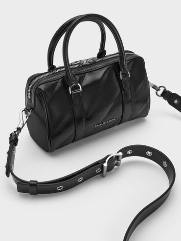 Philomena Panelled Chain-Handle Bowling Bag, Noir, hi-res