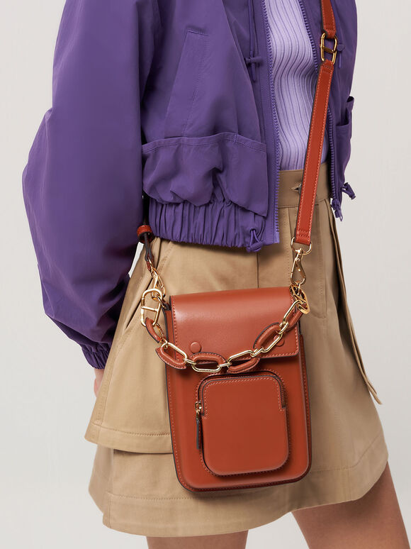 Amber Chain-Handle Long Crossbody Bag, Brick, hi-res