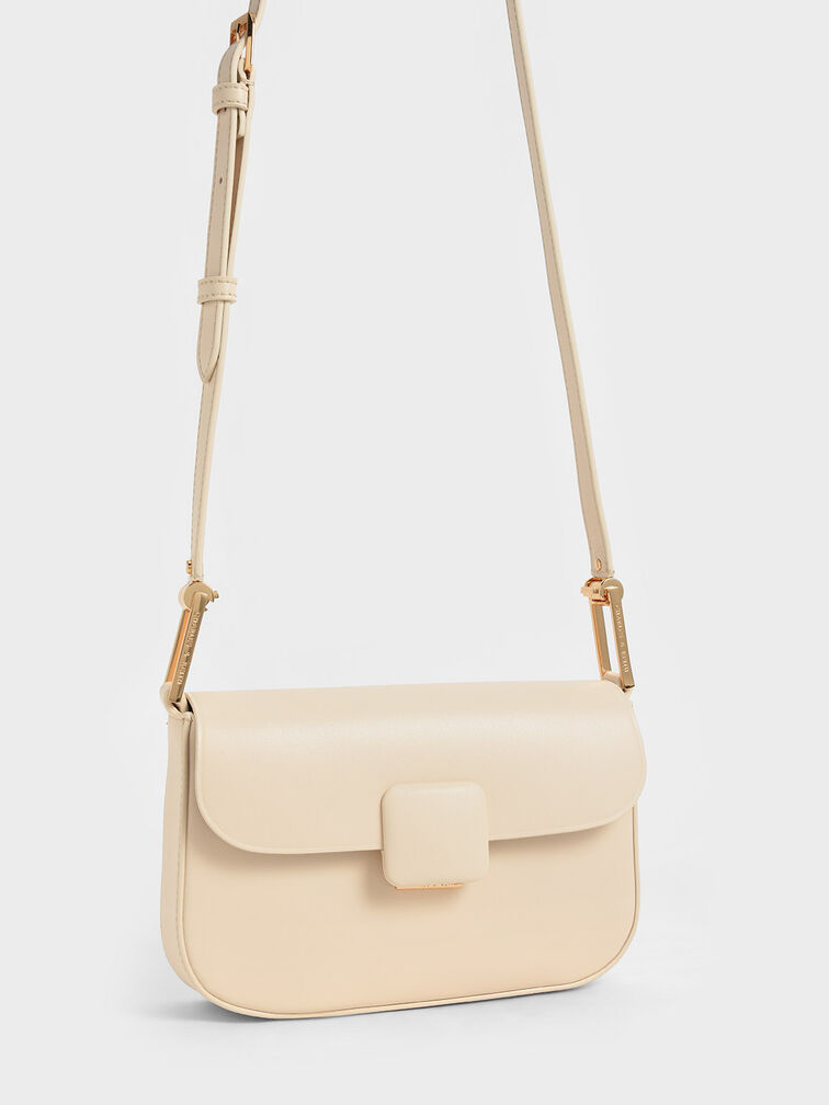 Bolso de hombro cuadrado con cierre a presión Koa, Beige, hi-res