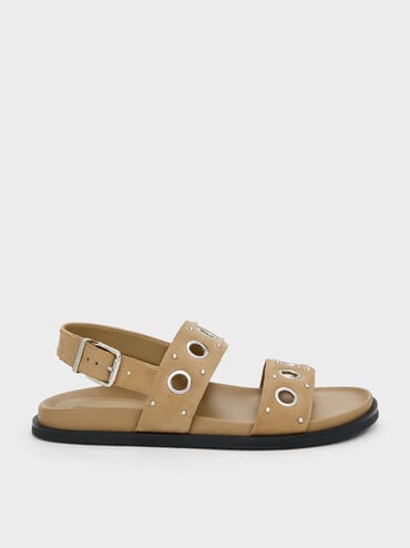 造型金屬釦帶涼鞋, 柔沙色, hi-res