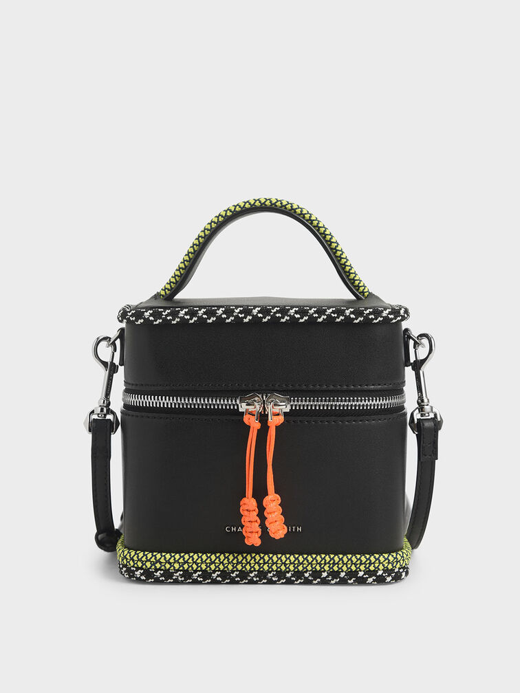 Rope Trim Zip-Around Cylindrical Bag, Black, hi-res