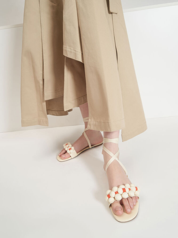 Pom Pom Tie-Around Sandals, Chalk, hi-res