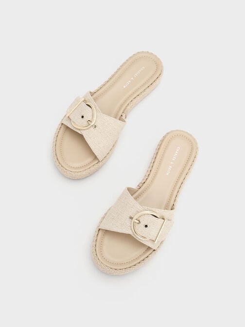 Linen Buckled Espadrille Flat Sandals, Beige, hi-res