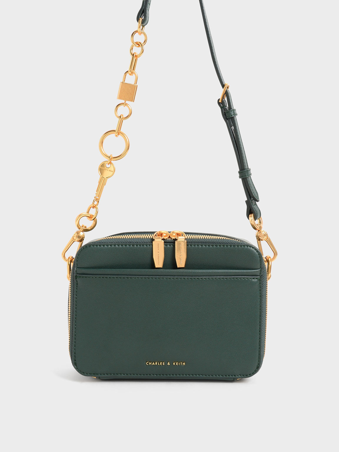 Chunky Chain Handle Two-Way Zip Crossbody Bag, Dark Green, hi-res