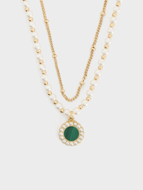 Pearl & Gemstone Double-Chain Necklace, Green, hi-res