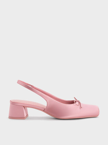 Slingbacks de tacón con puntera cuadrada y lazo de satén, Rosa, hi-res