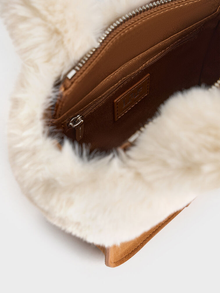 Girls' Textured Fur-Trim Tote Bag, Brown, hi-res
