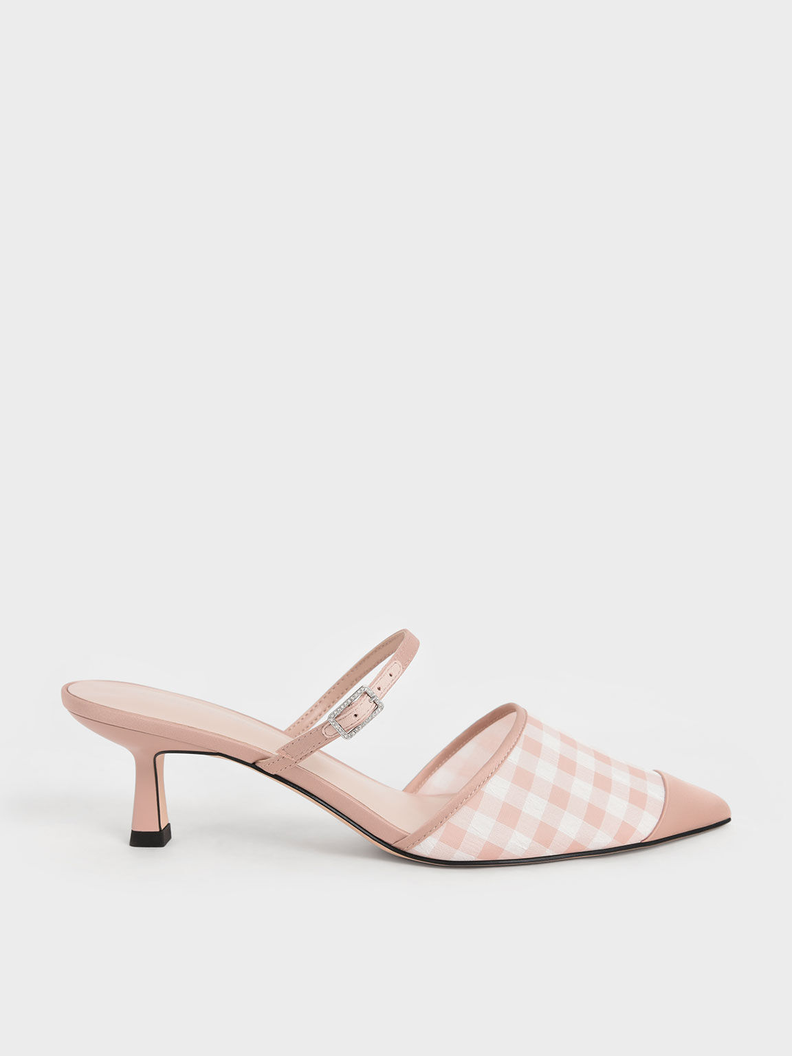 Satin & Check-Print Embellished-Buckle Mules, Blush, hi-res