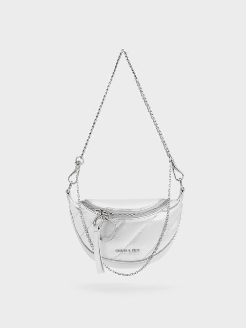 Philomena Crinkle-Effect Half-Moon Crossbody Bag, Silver, hi-res