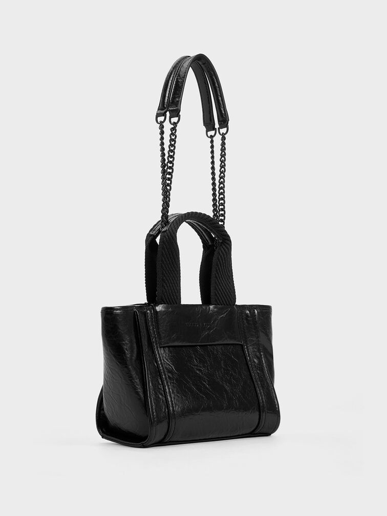 Shalia Crinkle-Effect Chain-Handle Tote Bag, Jet Black, hi-res