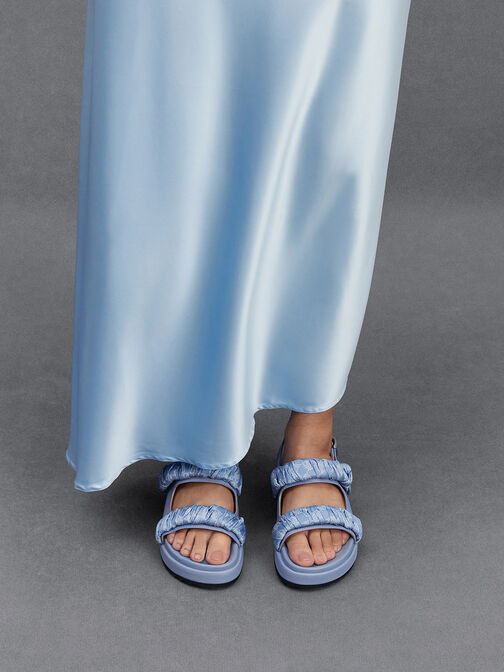 Sandalias de cuero con correa efecto arrugado, Azul claro, hi-res