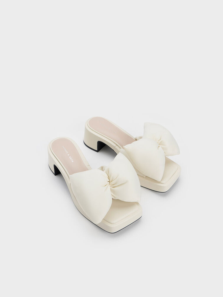 Puffy Bow Heeled Mules, Cream, hi-res