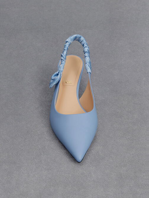 Leather Ruched-Strap Slingback Pumps, Light Blue, hi-res