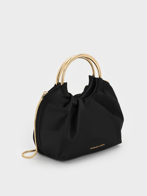 Satin Ruched Ring-Handle Bag, Black, hi-res
