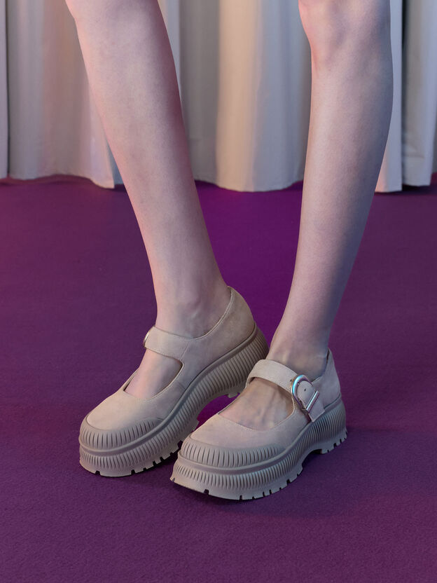 Merceditas de antelina con plataforma y suela estriada Darra, Beige, hi-res