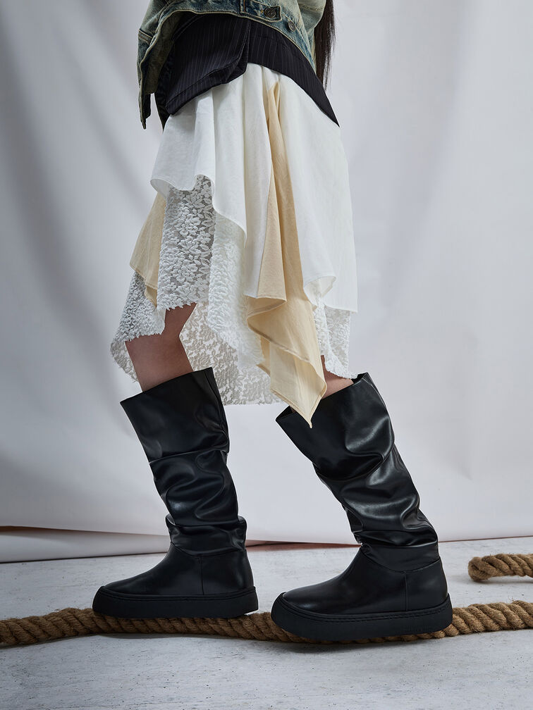 Ruched Slouchy Knee-High Boots, Black, hi-res