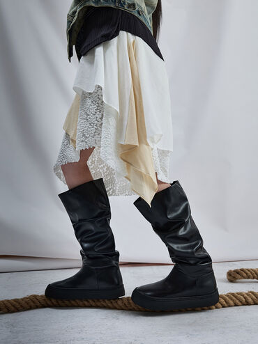Ruched Slouchy Knee-High Boots, Black, hi-res