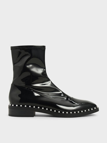 Patent Stud-Trim Ankle Boots, Black, hi-res