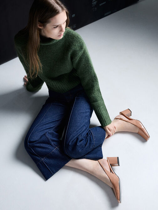 Patent Square-Toe Slingback Pumps, Nude, hi-res