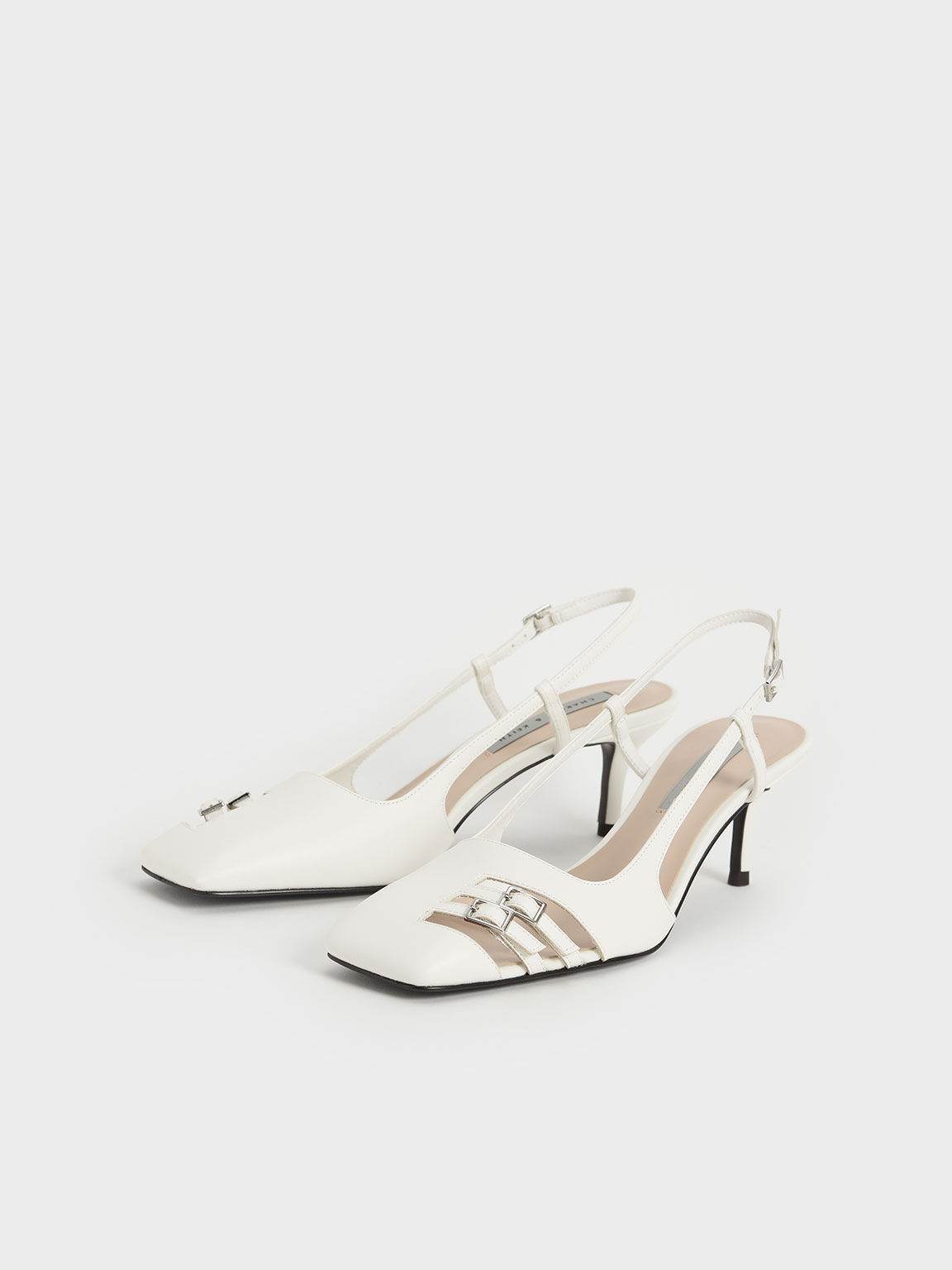 Cut-Out Buckled Slingback Pumps, White, hi-res