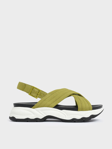 Nylon Criss Cross Chunky Platform Sandals, Green, hi-res