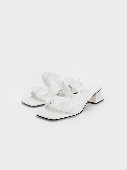 Ruffled Cotton Heeled Mules, White, hi-res