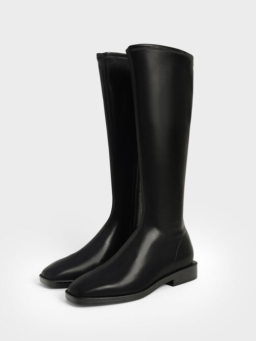 Knee High Flat Boots, Black, hi-res