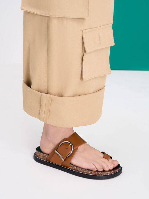 Metallic Buckle Toe-Ring Sandals, Cognac, hi-res