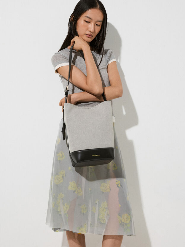 Enola Canvas Elongated Bucket Bag, Black, hi-res