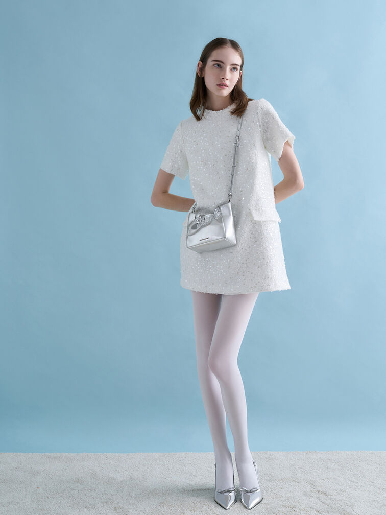 Bolso fruncido Brigette con asa de cadena y purpurina, Plateado, hi-res