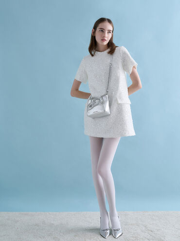 Brigette Ruched Glittered Chain-Handle Shoulder Bag, Silver, hi-res