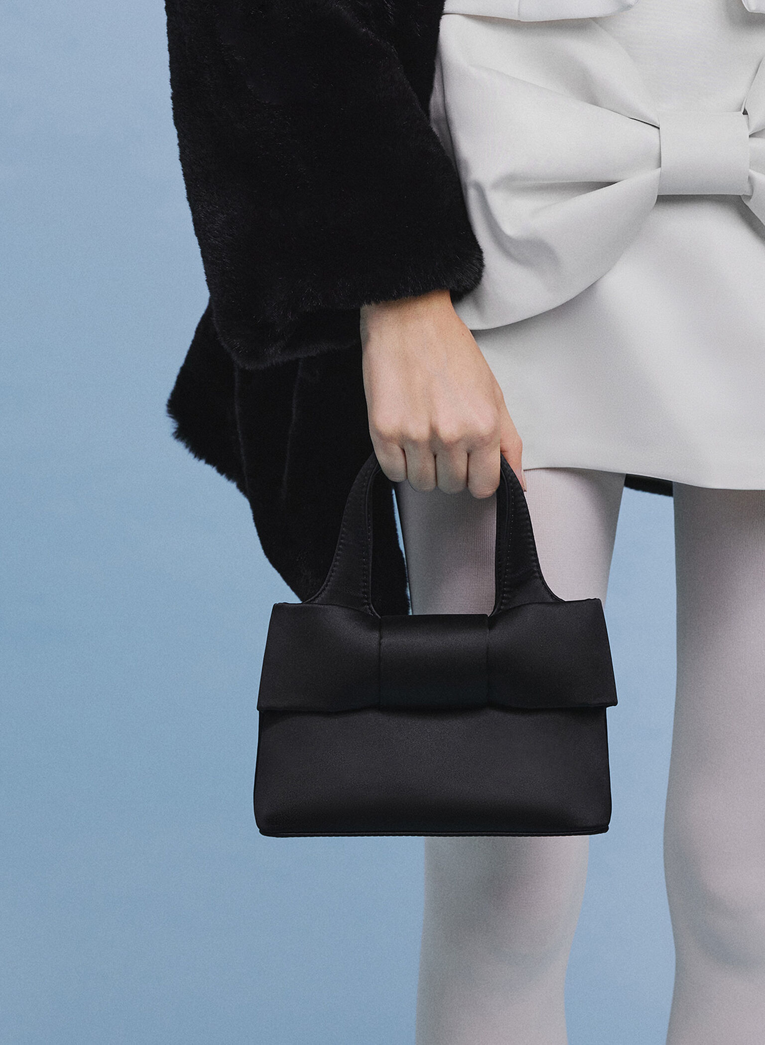 Satin Bow Bucket Bag, Noir, hi-res