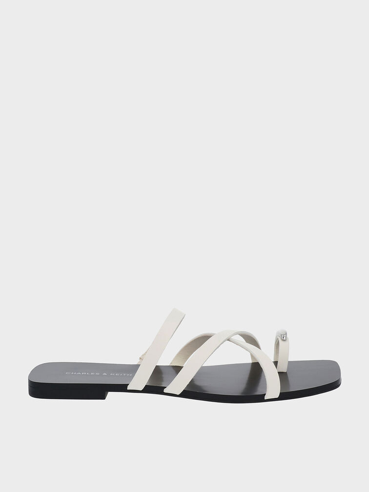 Metallic-Accent Strappy Toe-Ring Sandals, Chalk, hi-res