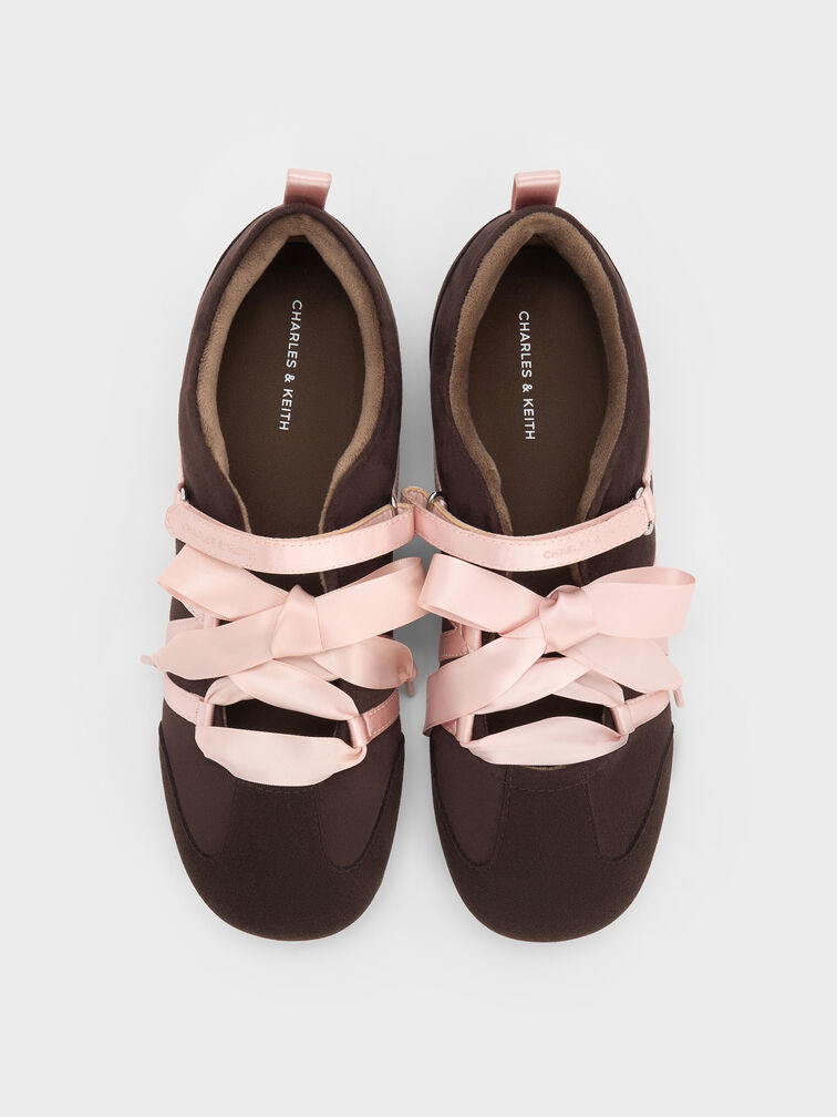Silko Faux Suede Satin-Lace Ballet Sneakers, Dark Brown Textured, hi-res
