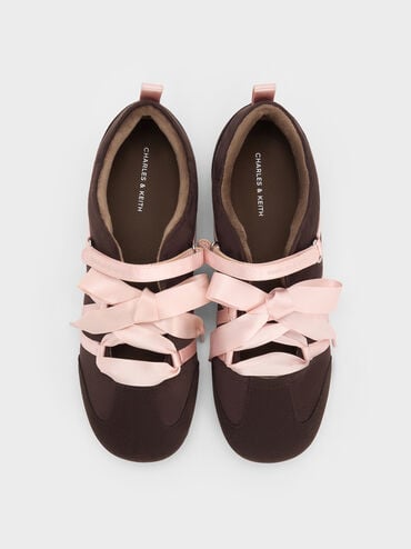 Silko Faux Suede Satin-Lace Ballet Sneakers, Dark Brown Textured, hi-res