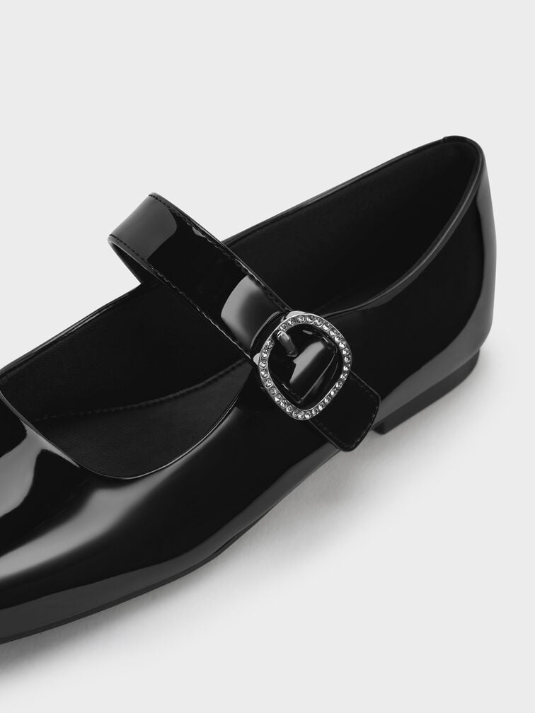 Girls' Patent Crystal-Buckle Square-Toe Mary Jane Flats, Black Patent, hi-res