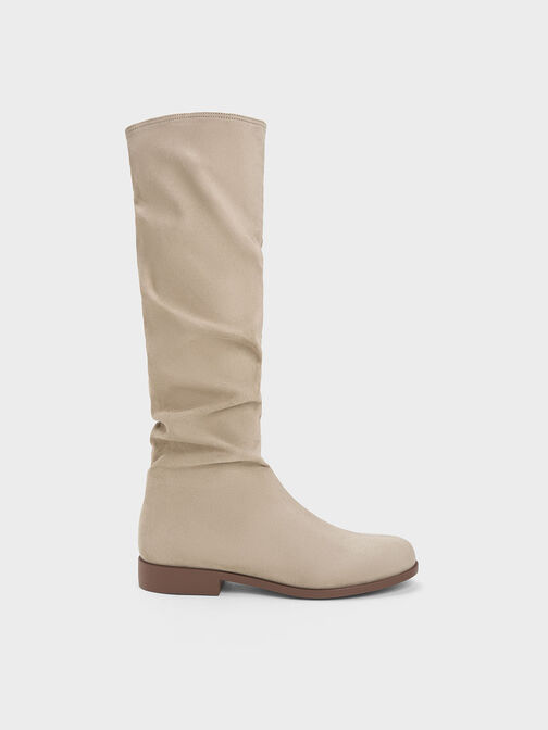 Textured Ruched Knee-High Boots, Taupe, hi-res