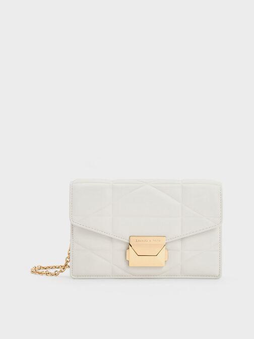 Blanche Chevron Chain-Strap Clutch, White, hi-res