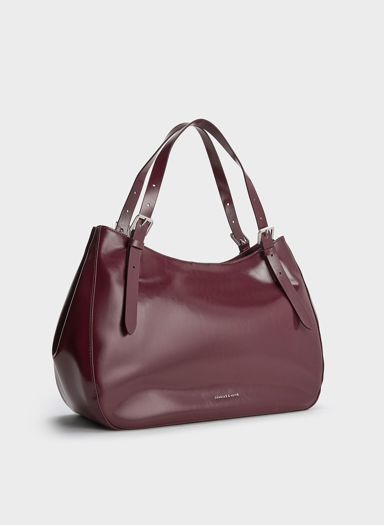 Buckle-Strap Slouchy Tote Bag, Burgundy, hi-res