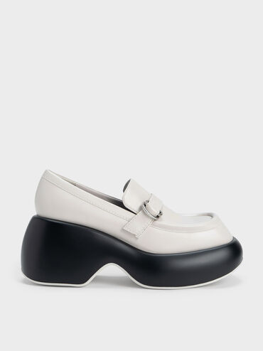 Buckled Platform Penny Loafers, White, hi-res