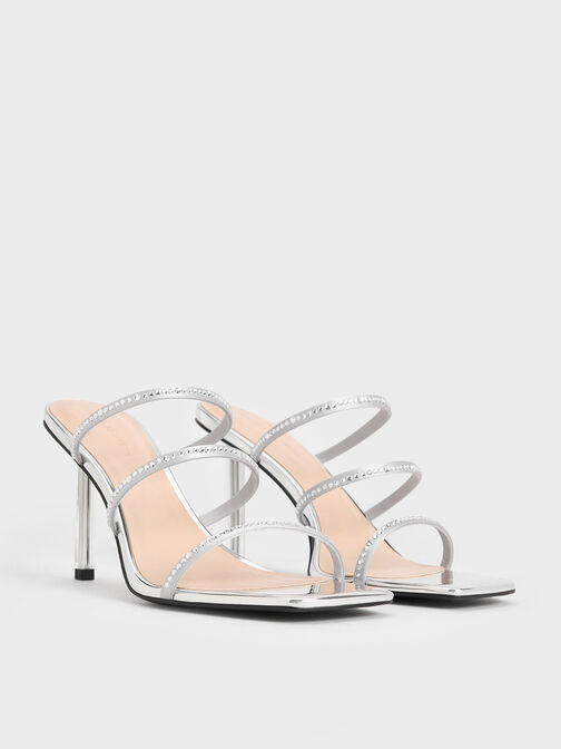 Recycled Polyester Crystal-Embellished Strappy Mules, Silver, hi-res
