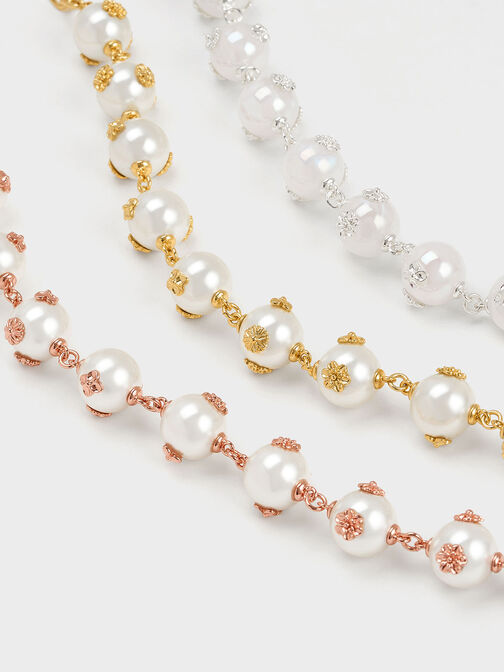 Flower-Embellished Chain-Link Pearl Necklace, Silver, hi-res