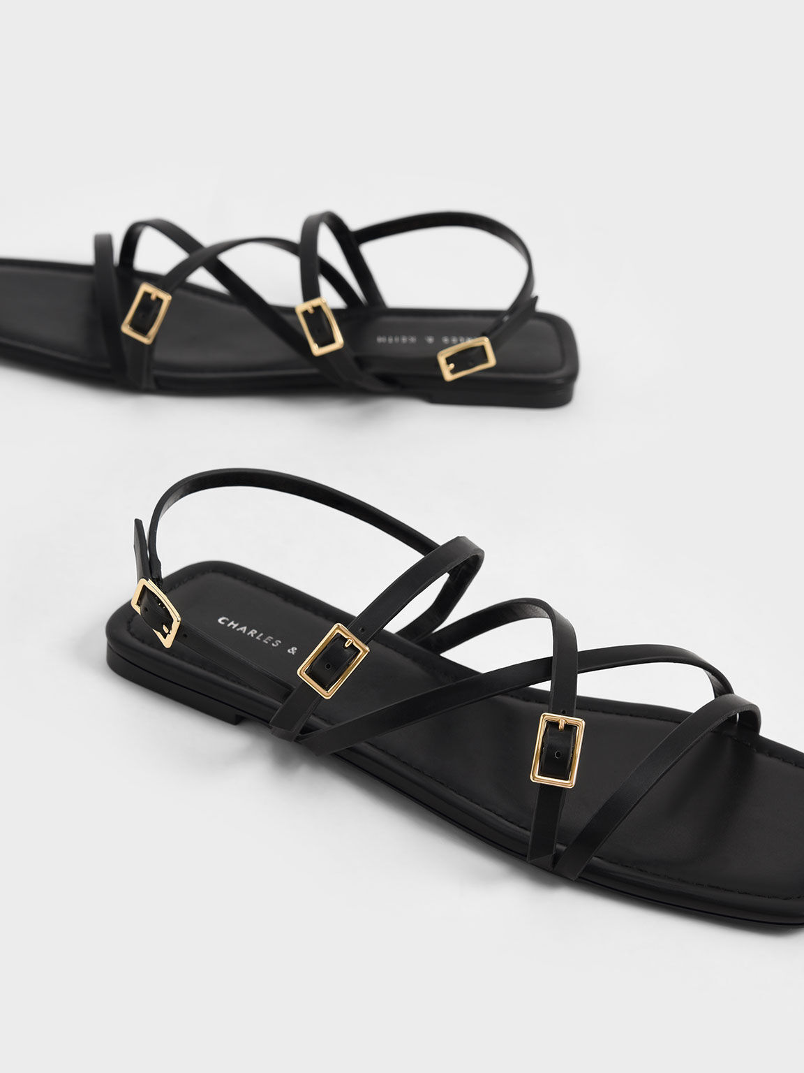 Strappy Mini Buckle Flat Sandals, Black, hi-res