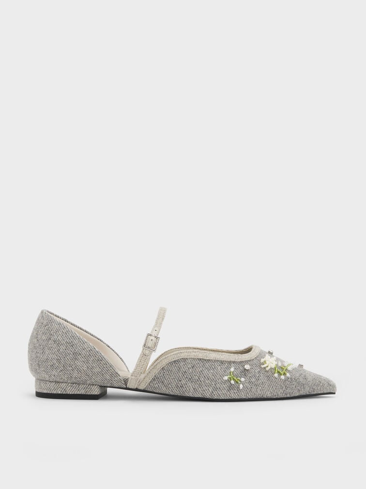 Twill Bead-Flower Pointed-Toe D'Orsay Mary Jane Flats, Grey, hi-res
